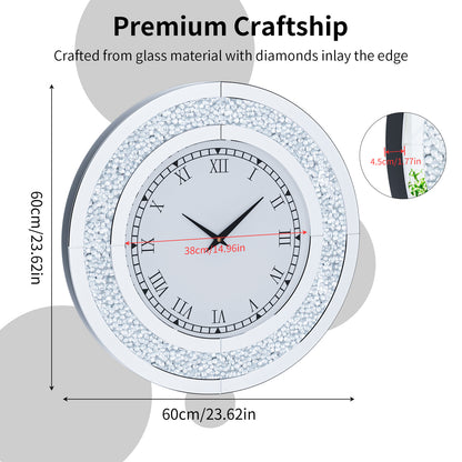 Crystal Sparkle Bling Diamond Wall Clock, Silver Tawny Tinted Round Mirror, Large Luxury Living Room Decorative Clock