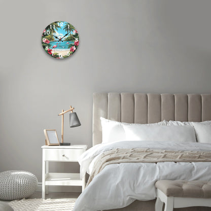 Silent Tropical Beach Flamingo Wall Clock, Battery Operated Round Digital Display Clock, Coastal Room Decor