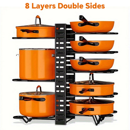 8-Tier Heavy Duty Pot Rack Organizer, Durable Metal Saving Cabinet Holder for Pots, Pans Lids, Keep Kitchen Neat, Tidy