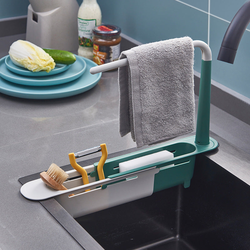 Telescopic Sink Shelf, Expandable Kitchen Sink Organizer, Soap Sponge Holder, Drain Rack, Space-Saving Storage Basket