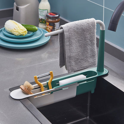 Telescopic Sink Shelf, Expandable Kitchen Sink Organizer, Soap Sponge Holder, Drain Rack, Space-Saving Storage Basket