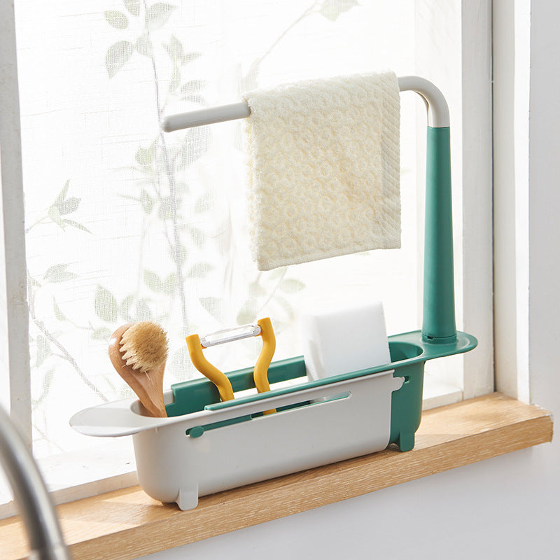 Telescopic Sink Shelf, Expandable Kitchen Sink Organizer, Soap Sponge Holder, Drain Rack, Space-Saving Storage Basket