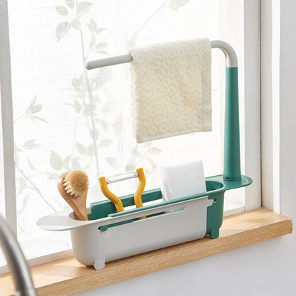 Telescopic Sink Shelf, Expandable Kitchen Sink Organizer, Soap Sponge Holder, Drain Rack, Space-Saving Storage Basket