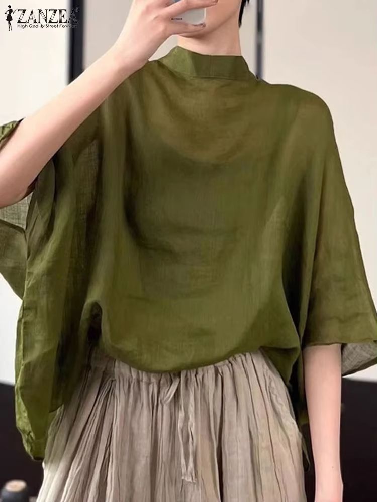 All-Season Bat Sleeve Asymmetrical Blouse – 2024 Lightweight Summer Tunic