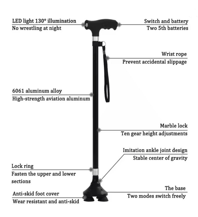 Adjustable Retractable Aluminum Walking Cane With LED Light 1