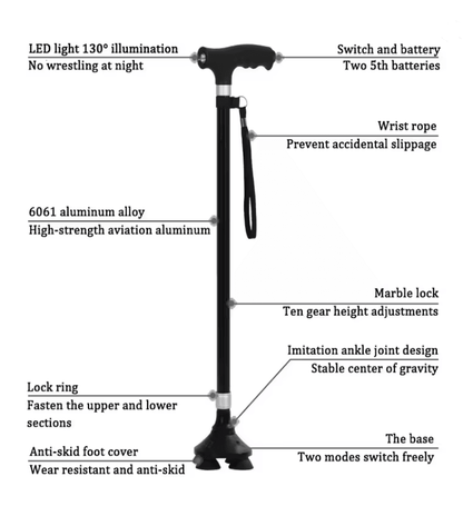 Adjustable Retractable Aluminum Walking Cane With LED Light 1