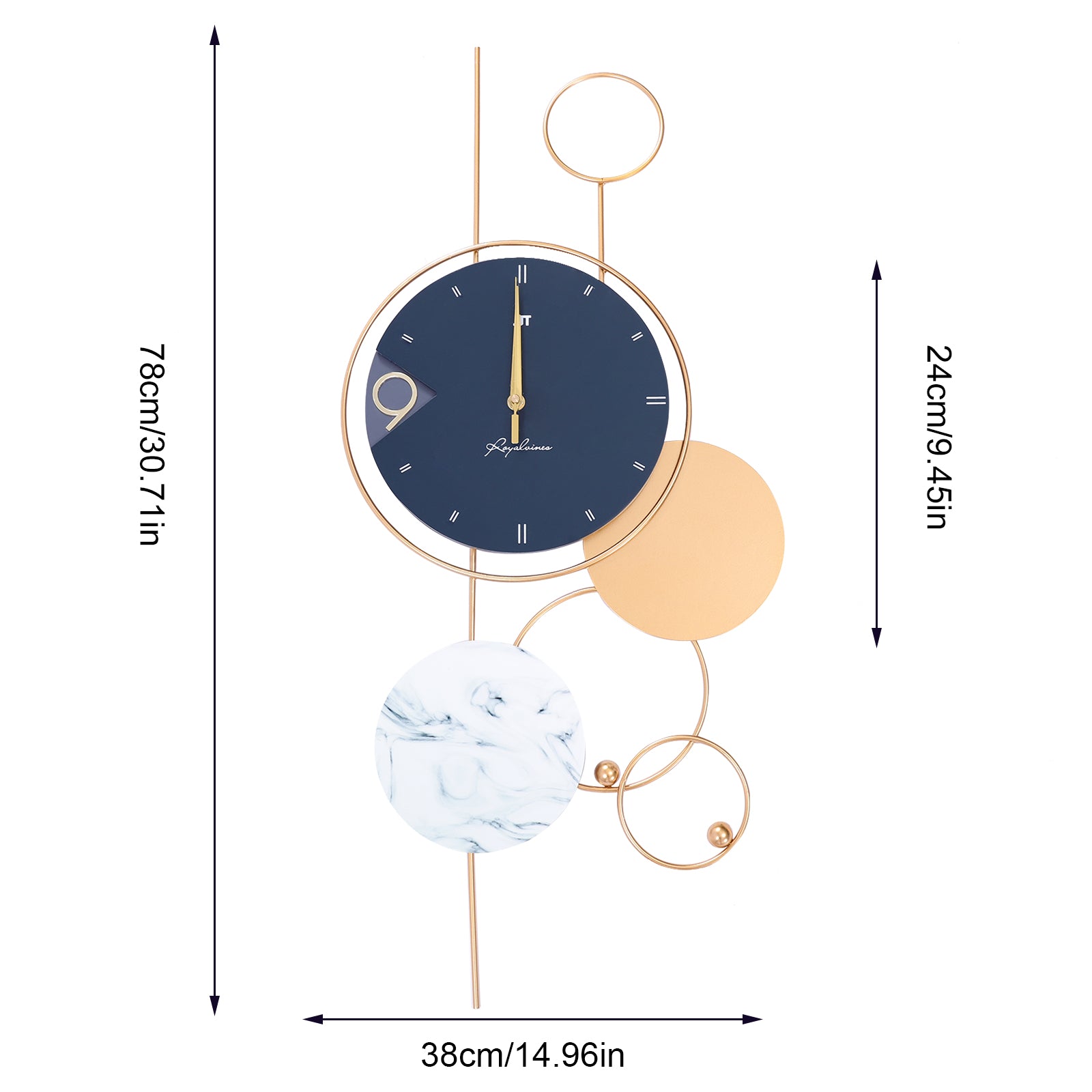 Silent Non-Ticking Wall Clock, Big Wall Clocks for Living Room Decor, Gold Indoor Metal Decorative Clock Battery Operate
