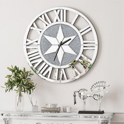 Large Mirrored Wall Clock, Round Roman Skeleton Design, Beveled Elegant Living Room Fireplace Home Decor