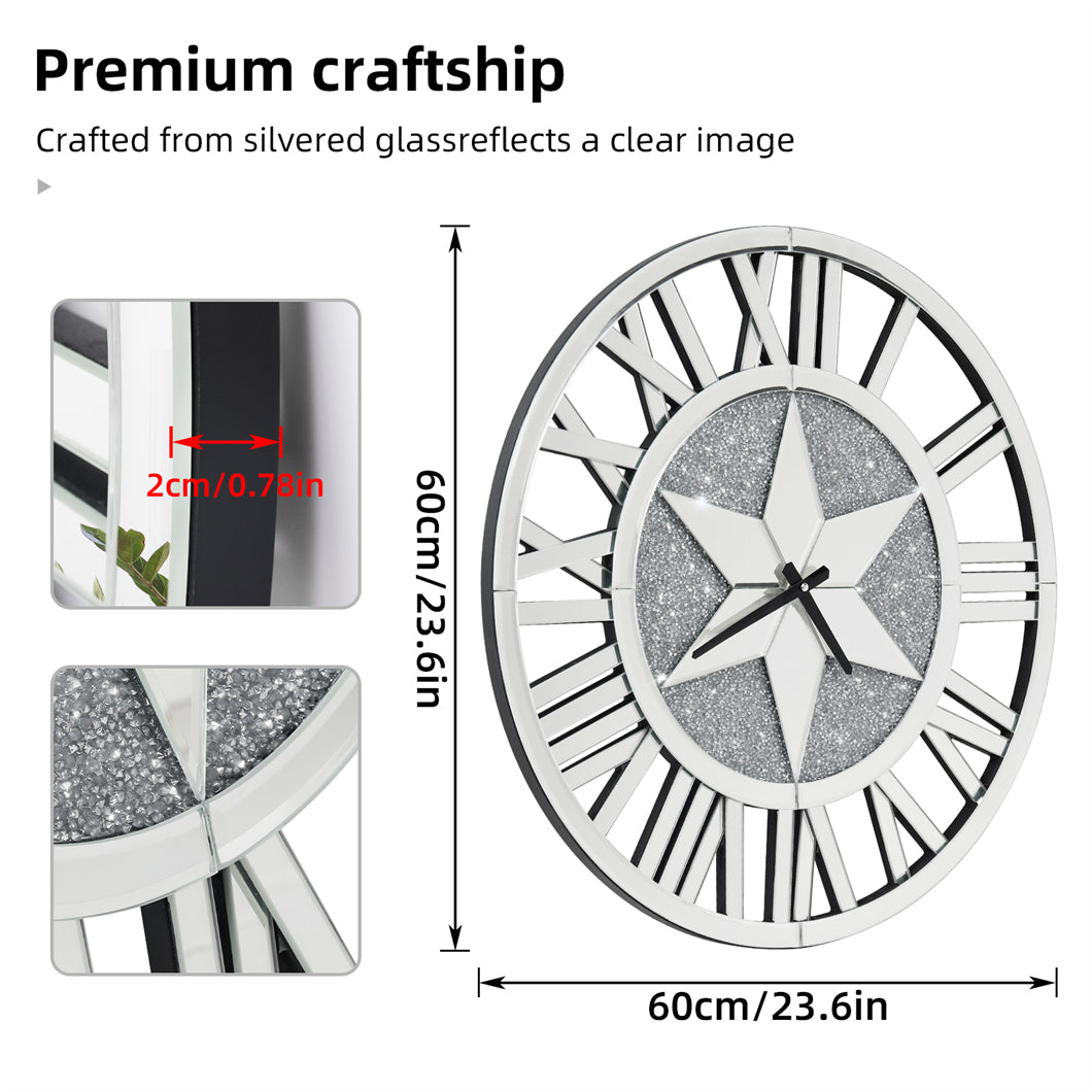 Large Mirrored Wall Clock, Round Roman Skeleton Design, Beveled Elegant Living Room Fireplace Home Decor