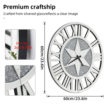 Large Mirrored Wall Clock, Round Roman Skeleton Design, Beveled Elegant Living Room Fireplace Home Decor
