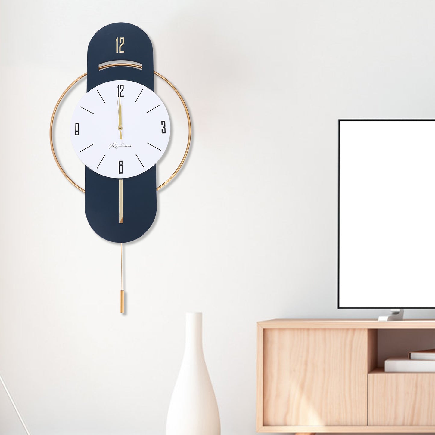 Stylish Modern Luxury Wall Clock with Golden Pointers, Battery Operated, High Density Board Dial, Clear Display