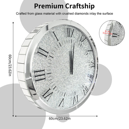 Silver Crystal Crush Diamond Wall Clock, Mirrored Quartz Clock with Beveled Glass, Luxury Home Decor Round Design