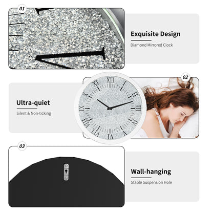 Silver Crystal Crush Diamond Wall Clock, Mirrored Quartz Clock with Beveled Glass, Luxury Home Decor Round Design