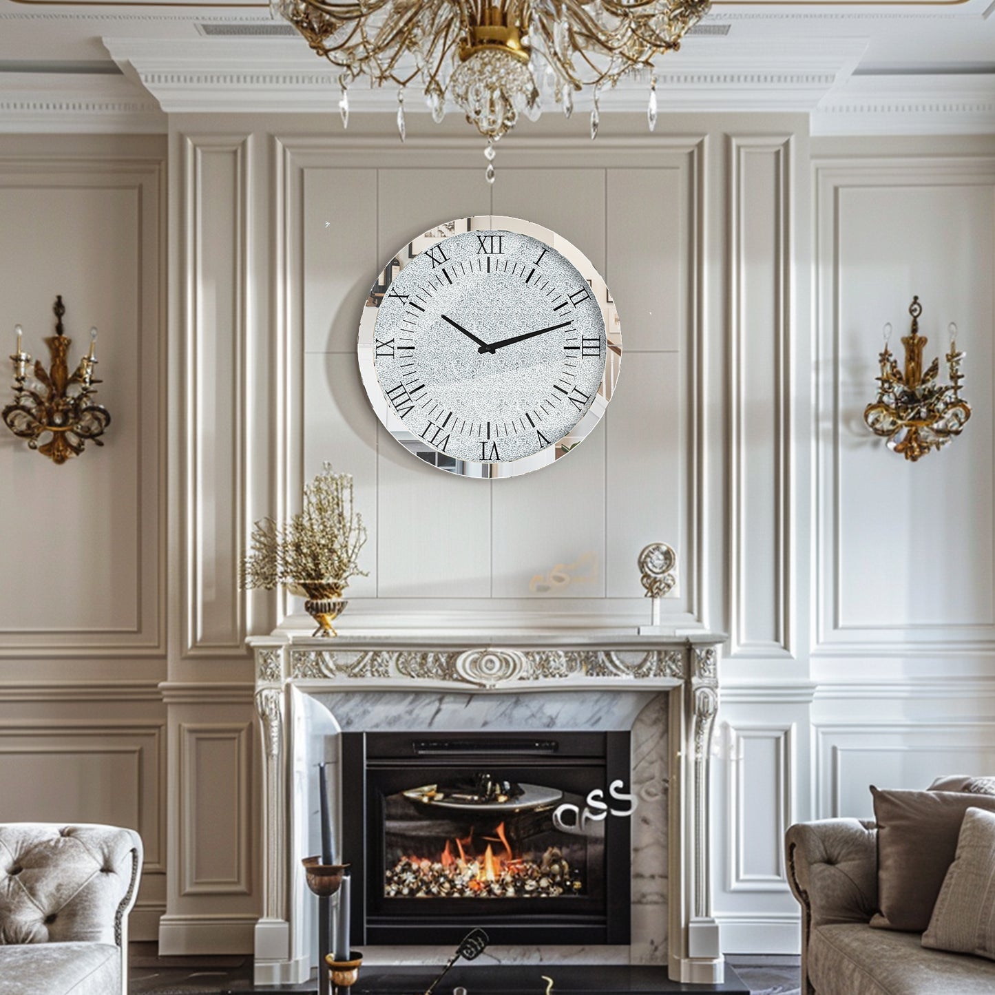 Silver Crystal Crush Diamond Wall Clock, Mirrored Quartz Clock with Beveled Glass, Luxury Home Decor Round Design