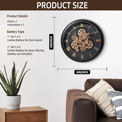 Vintage Mechanical Wall Clock Large Moving Gears Battery Operated Industrial Clock for Home Office, Farmhouse Decor
