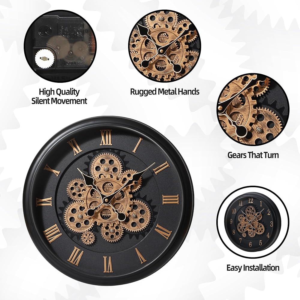 Vintage Mechanical Wall Clock Large Moving Gears Battery Operated Industrial Clock for Home Office, Farmhouse Decor