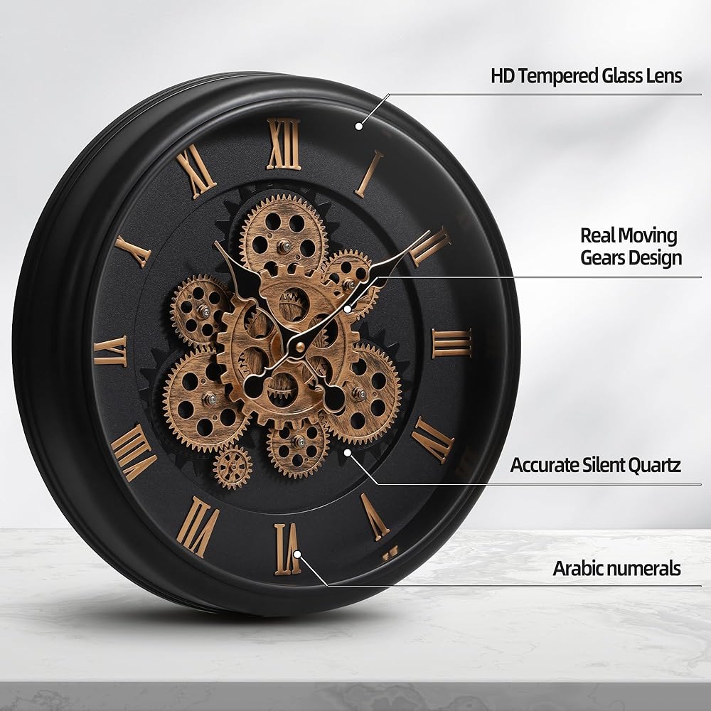 Vintage Mechanical Wall Clock Large Moving Gears Battery Operated Industrial Clock for Home Office, Farmhouse Decor