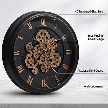 Vintage Mechanical Wall Clock Large Moving Gears Battery Operated Industrial Clock for Home Office, Farmhouse Decor