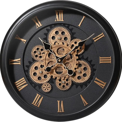 Vintage Mechanical Wall Clock Large Moving Gears Battery Operated Industrial Clock for Home Office, Farmhouse Decor