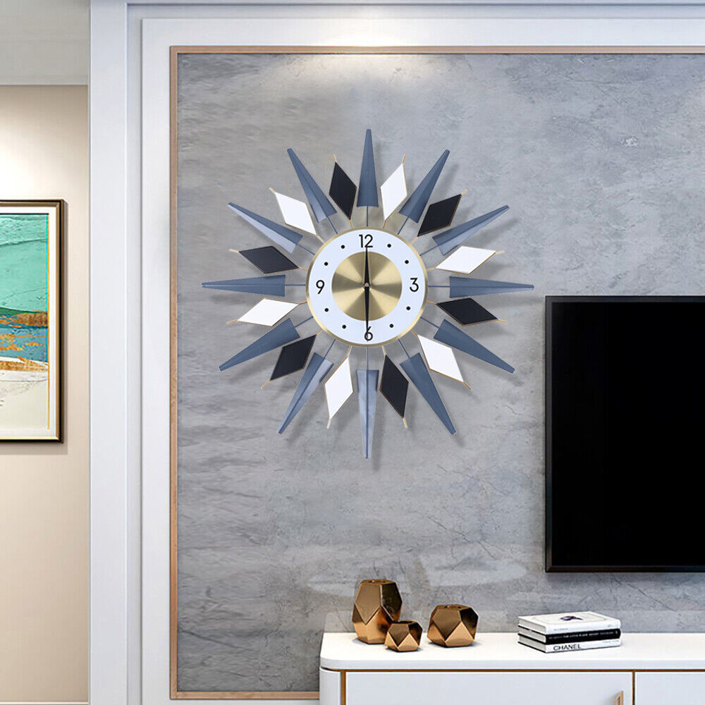 Silent Non Ticking Modern Wall Clock, Large Decorative Sun Clock, Battery Operated Retro Star Wall Decor