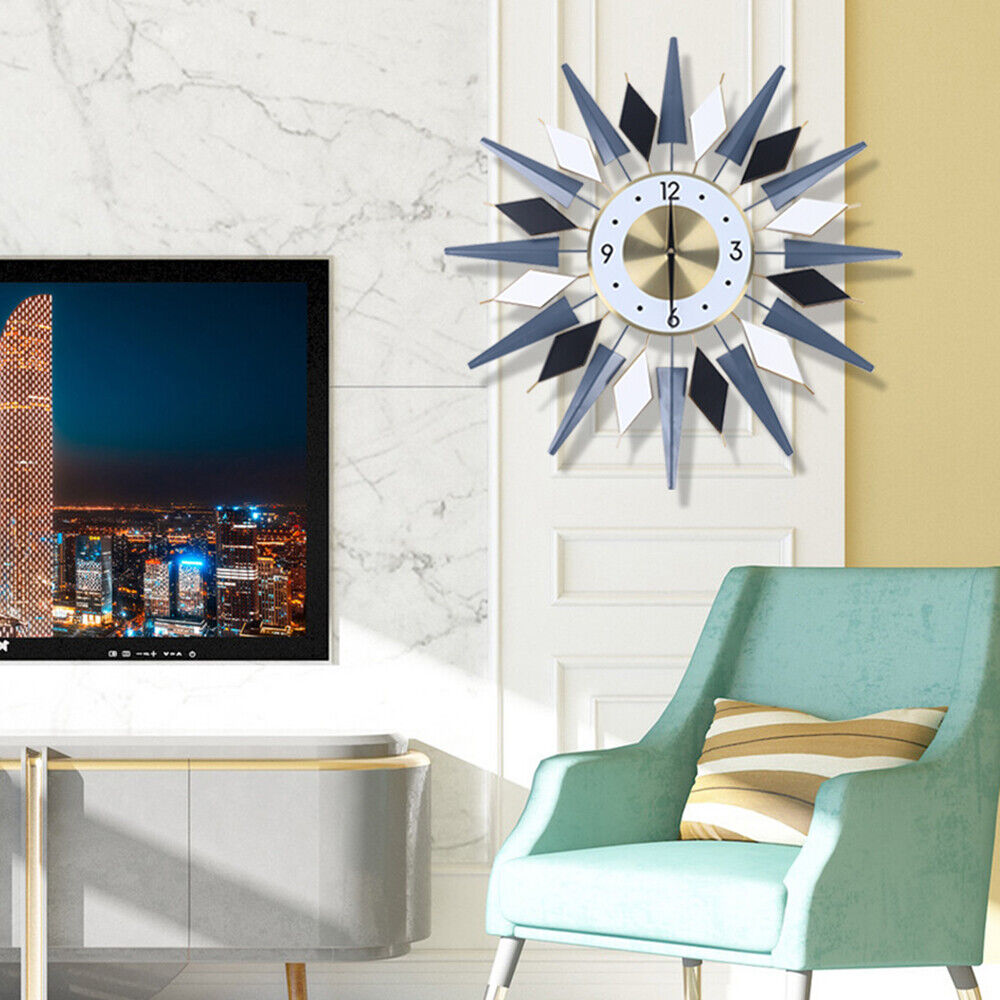 Silent Non Ticking Modern Wall Clock, Large Decorative Sun Clock, Battery Operated Retro Star Wall Decor