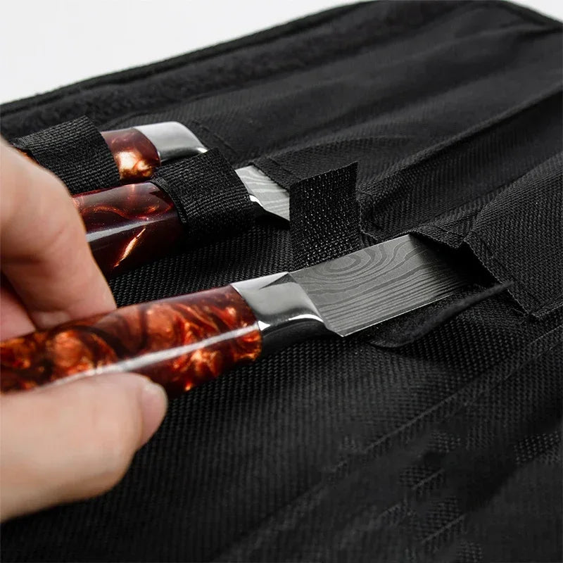 Black Chef Knife Roll Bag, 5 Pocket Portable Carry Case for Kitchen Knives Durable Oxford Storage Bag with Punch Design