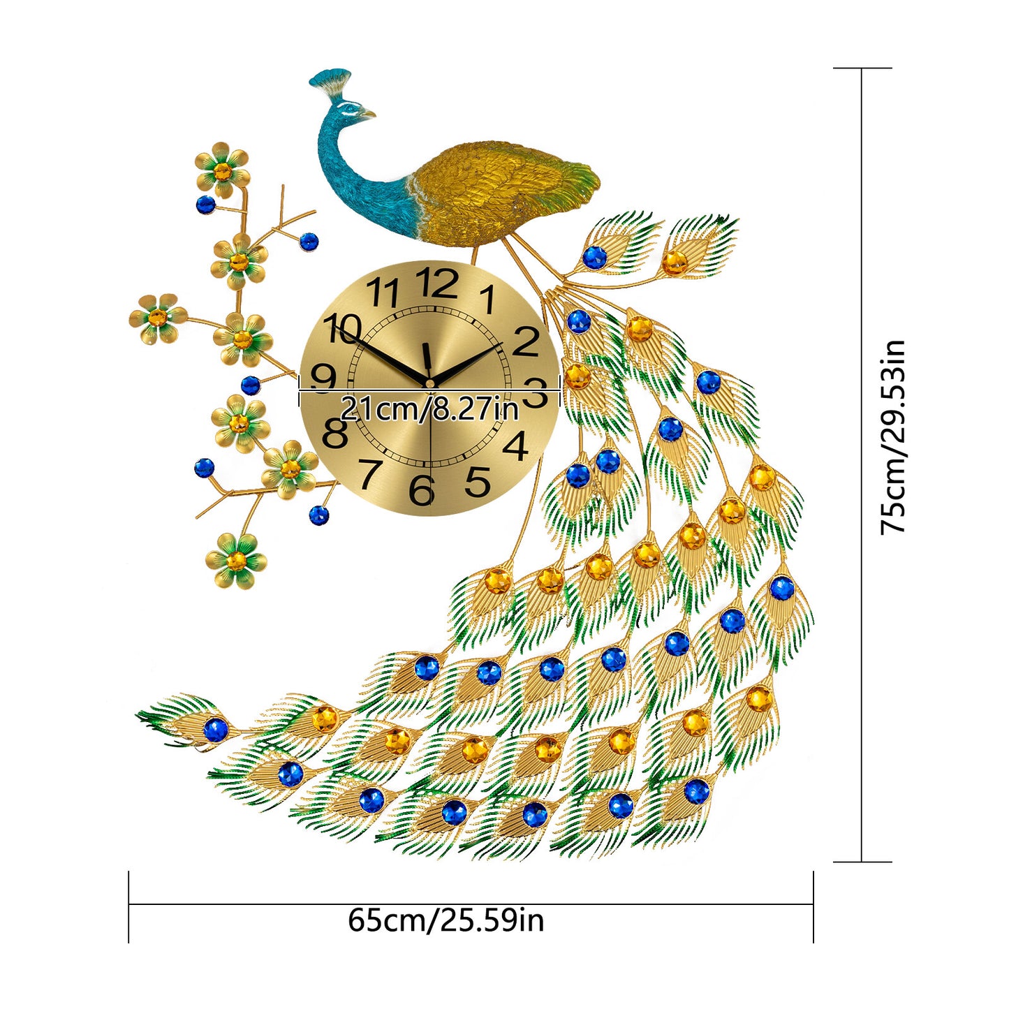 Metal Luxury Peacock Large Wall Clock, 3D Wall Watch for Living Room, Elegant Home Decor Gift Accent Piece