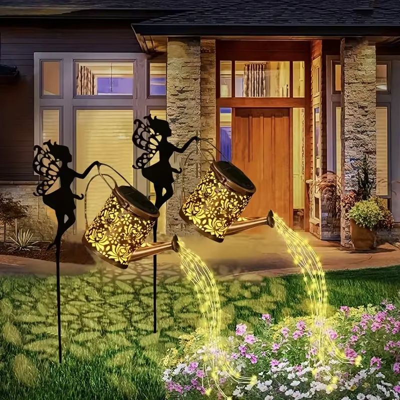 Solar Watering Can Fairy Light  Vintage Metal Garden Lantern With Cascading LED Waterfall 1