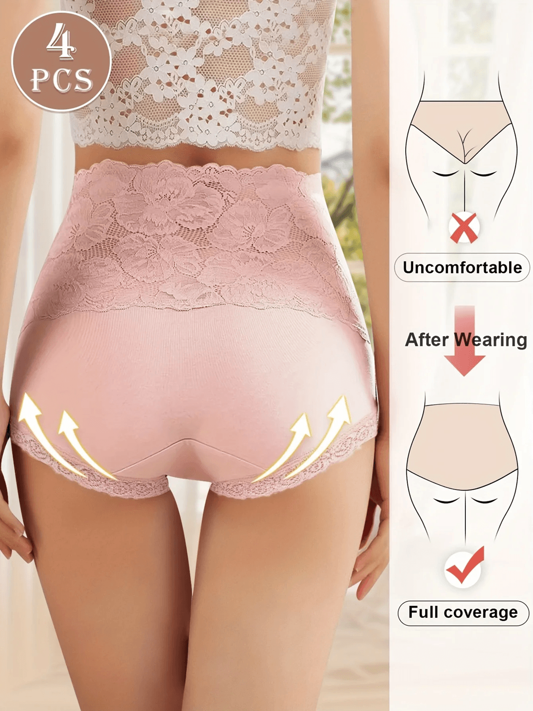 4 Pack High Waisted Jacquard Cotton Briefs 2