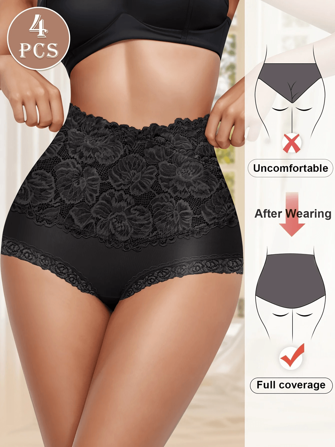 4 Pack High Waisted Jacquard Cotton Briefs 3