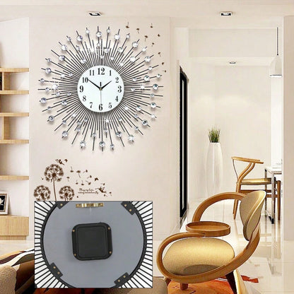 Large Sun Design Crystal Wall Clock, Crushed Diamond Modern Home Decor, Elegant Silent Quartz Clock