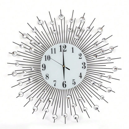Large Sun Design Crystal Wall Clock, Crushed Diamond Modern Home Decor, Elegant Silent Quartz Clock
