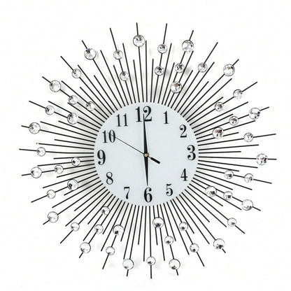 Large Sun Design Crystal Wall Clock, Crushed Diamond Modern Home Decor, Elegant Silent Quartz Clock