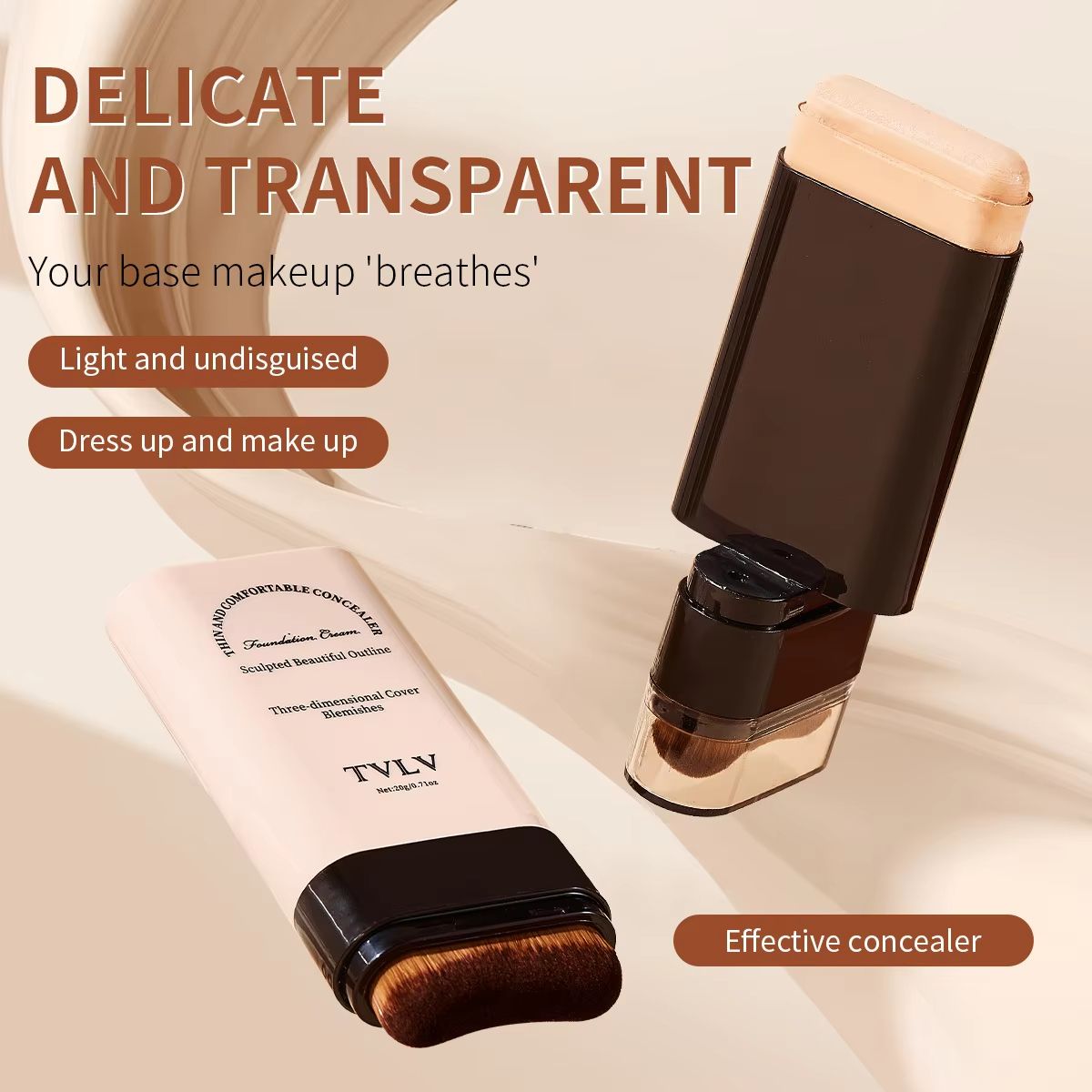 TVLV Eraser Foundation Stick – Long-Lasting Concealer & Liquid Foundation with Built-In Brush for Flawless, Natural Cove