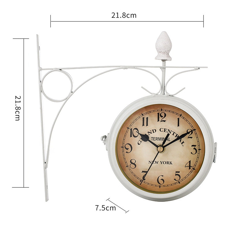 Double Sided Two Faces Retro Station Clock, Iron Round Wall Hanging, Chandelier Style Clock for Home Hall Decor