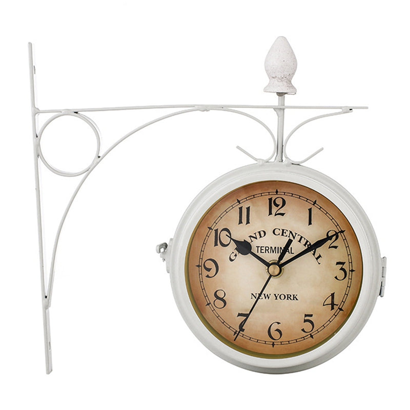 Double Sided Two Faces Retro Station Clock, Iron Round Wall Hanging, Chandelier Style Clock for Home Hall Decor