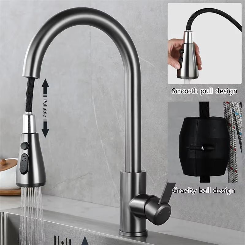 Brushed Nickel Pull-Out Kitchen Faucet – Deck-Mounted Sink Tap with Stream & Spray Modes for Hot and Cold Water