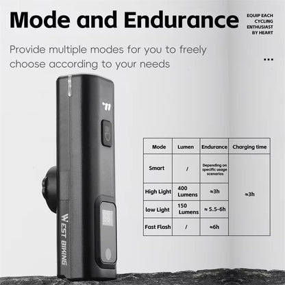 WEST BIKING Intelligent Bike Front Light 400 Lumens  Smart Light Sensing Rechargeable Bicycle Headl 5