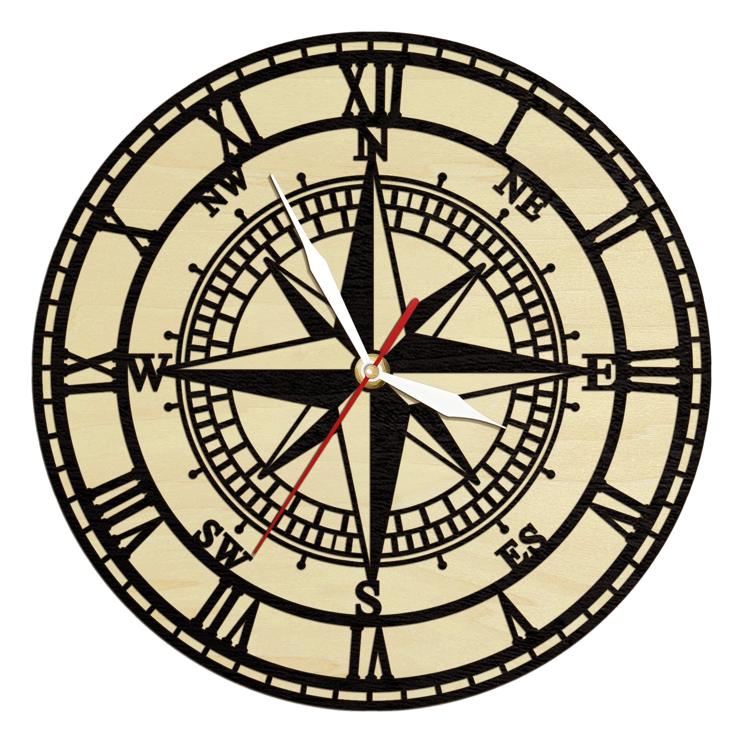 Compass Rose Wooden Wall Clock, Vintage Nautical Wood Living Hinge Clock, Coastal Laser Engraved Home Decor