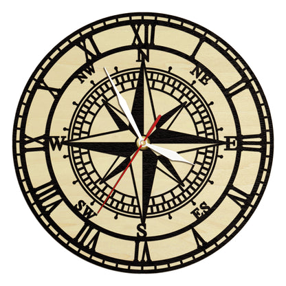 Compass Rose Wooden Wall Clock, Vintage Nautical Wood Living Hinge Clock, Coastal Laser Engraved Home Decor