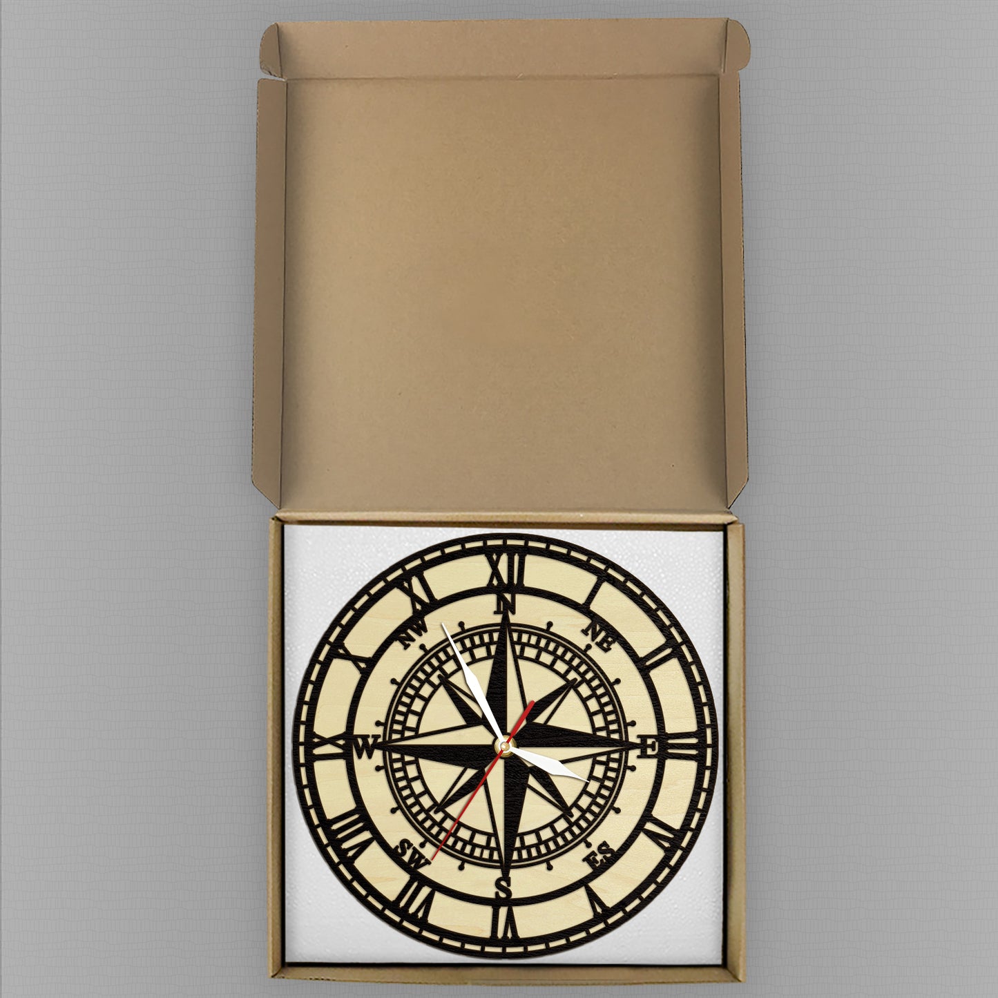 Compass Rose Wooden Wall Clock, Vintage Nautical Wood Living Hinge Clock, Coastal Laser Engraved Home Decor