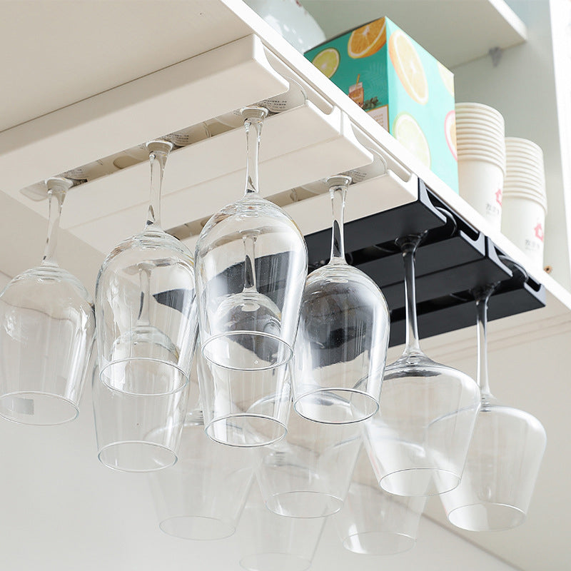 Under Cabinet Wine Glass Rack, No Drill Stemware Holder for Kitchen, Hanging Goblet, Cup Organizer with Punch