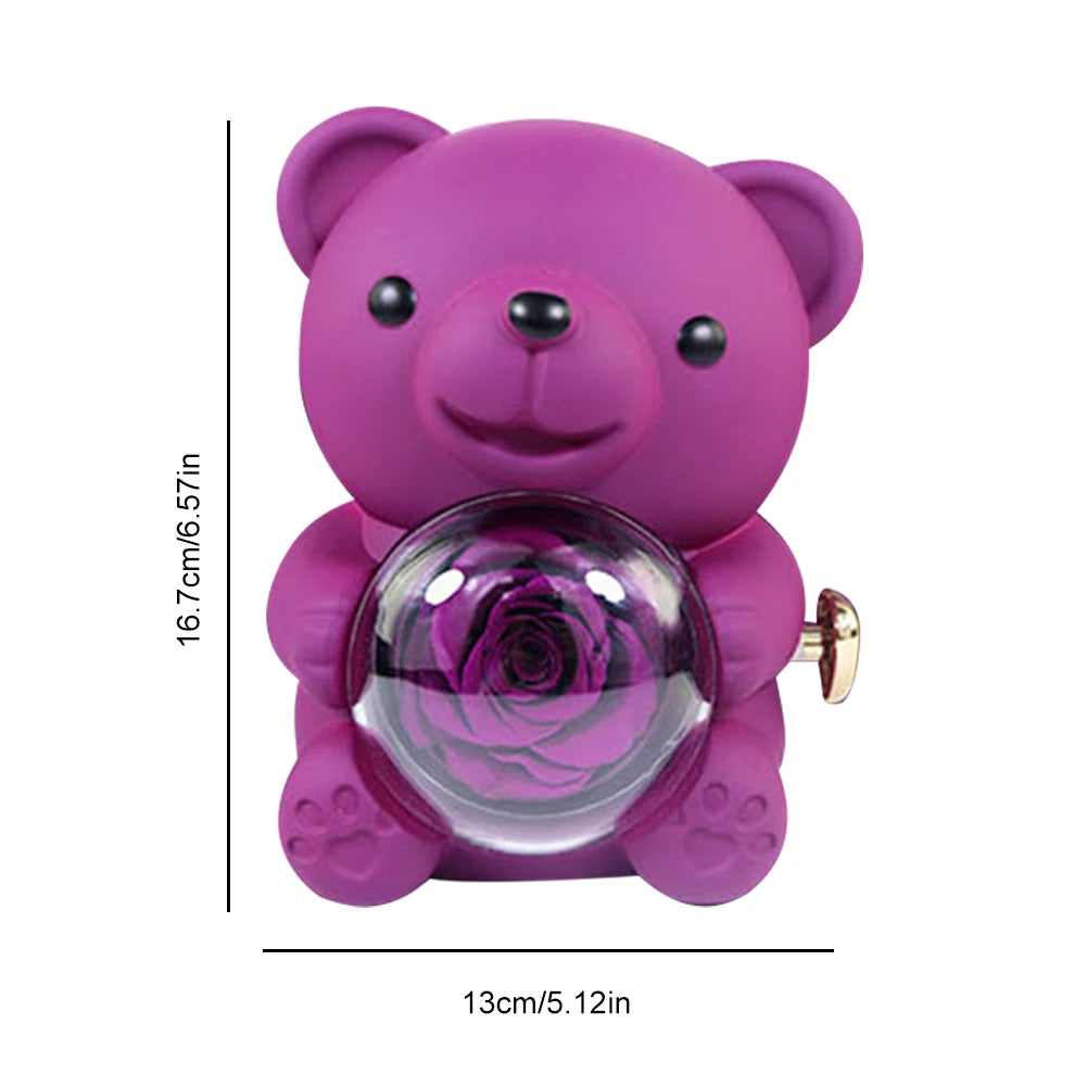 Cute Bear Jewelry Gift Box with Eternal Rose, Teddy Bear Gifts Box for Valentines Day Anniversary Rotating Rose Jewelry