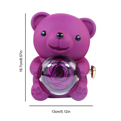 Cute Bear Jewelry Gift Box with Eternal Rose, Teddy Bear Gifts Box for Valentines Day Anniversary Rotating Rose Jewelry