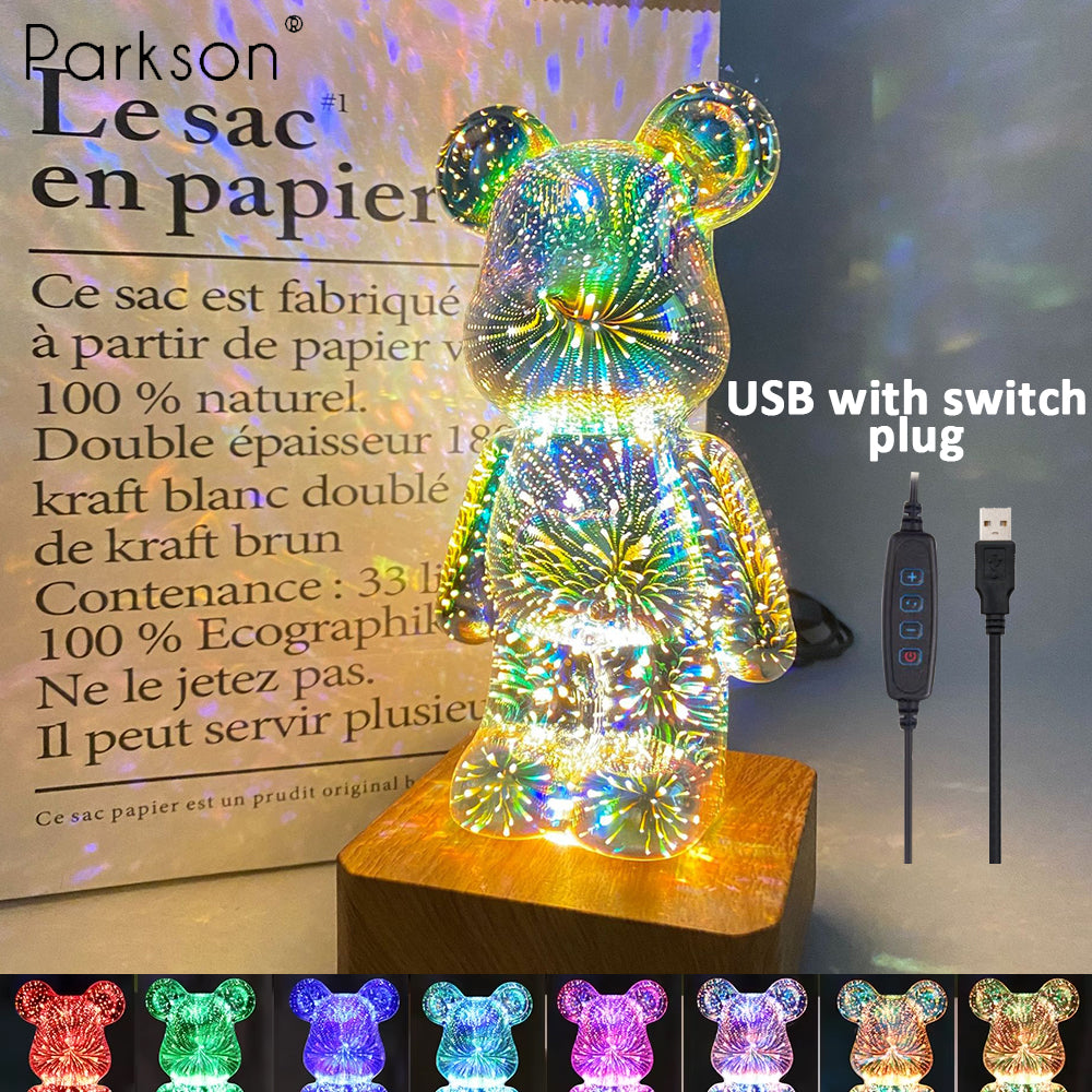 3D Bear Night Light LED Fireworks Lamps, USB Dimmable Projector, Colorful Desktop Atmosphere Table Light Gift