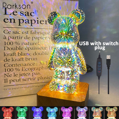 3D Bear Night Light LED Fireworks Lamps, USB Dimmable Projector, Colorful Desktop Atmosphere Table Light Gift