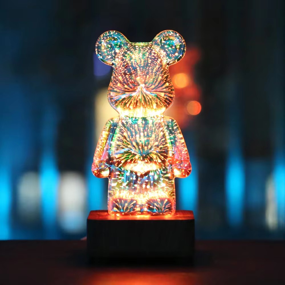 3D Bear Night Light LED Fireworks Lamps, USB Dimmable Projector, Colorful Desktop Atmosphere Table Light Gift