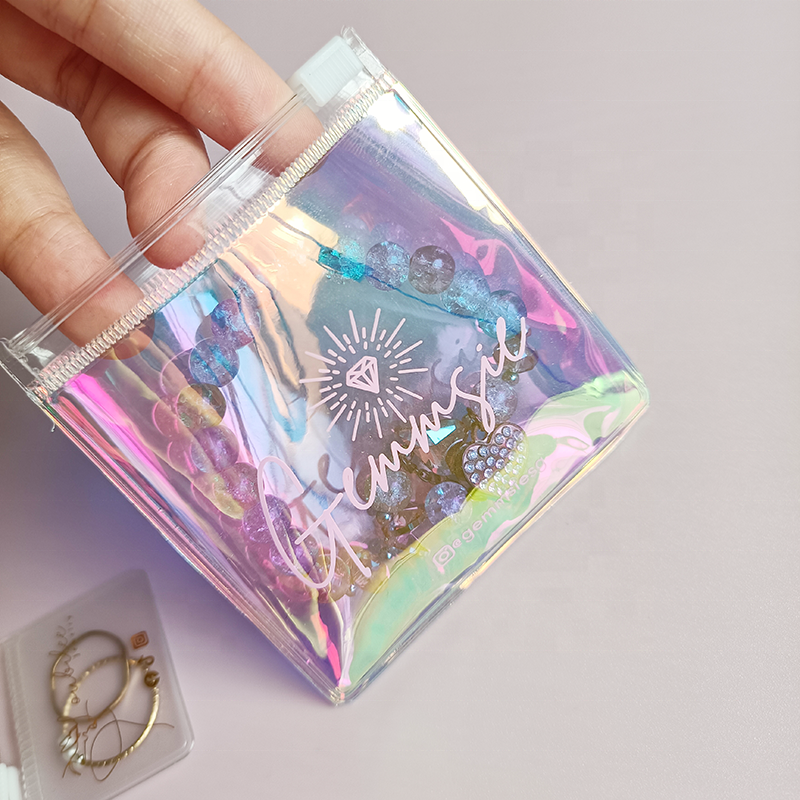 PVC Plastic Zipper Clear Jewelry Storage Bag with Logo, Mini Ziplock Laser Holographic Pouch for Ring Earrings Package