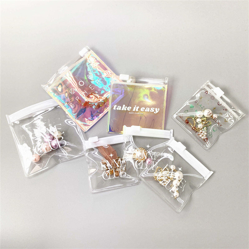 PVC Plastic Zipper Clear Jewelry Storage Bag with Logo, Mini Ziplock Laser Holographic Pouch for Ring Earrings Package