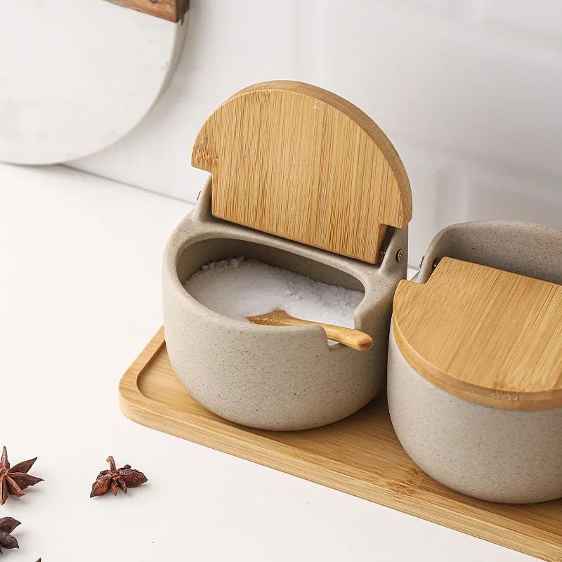 Japanese Style Ceramic Seasoning Jar Set With Bamboo Lid And Spoon 3